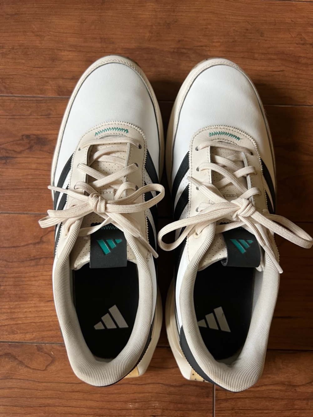 adidas Cream White Black Golf Shoes with Teal Accent